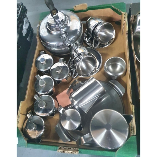 60 - Two boxes full of various retro metalware, mainly stainless steel including kettles (Qty)