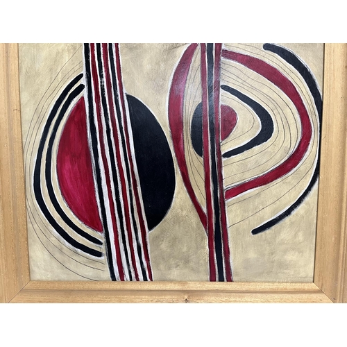 105 - Newlyn School 1983 Oil on board ' Ripples red and black', in wood frame

Measures 49cm x 59cm