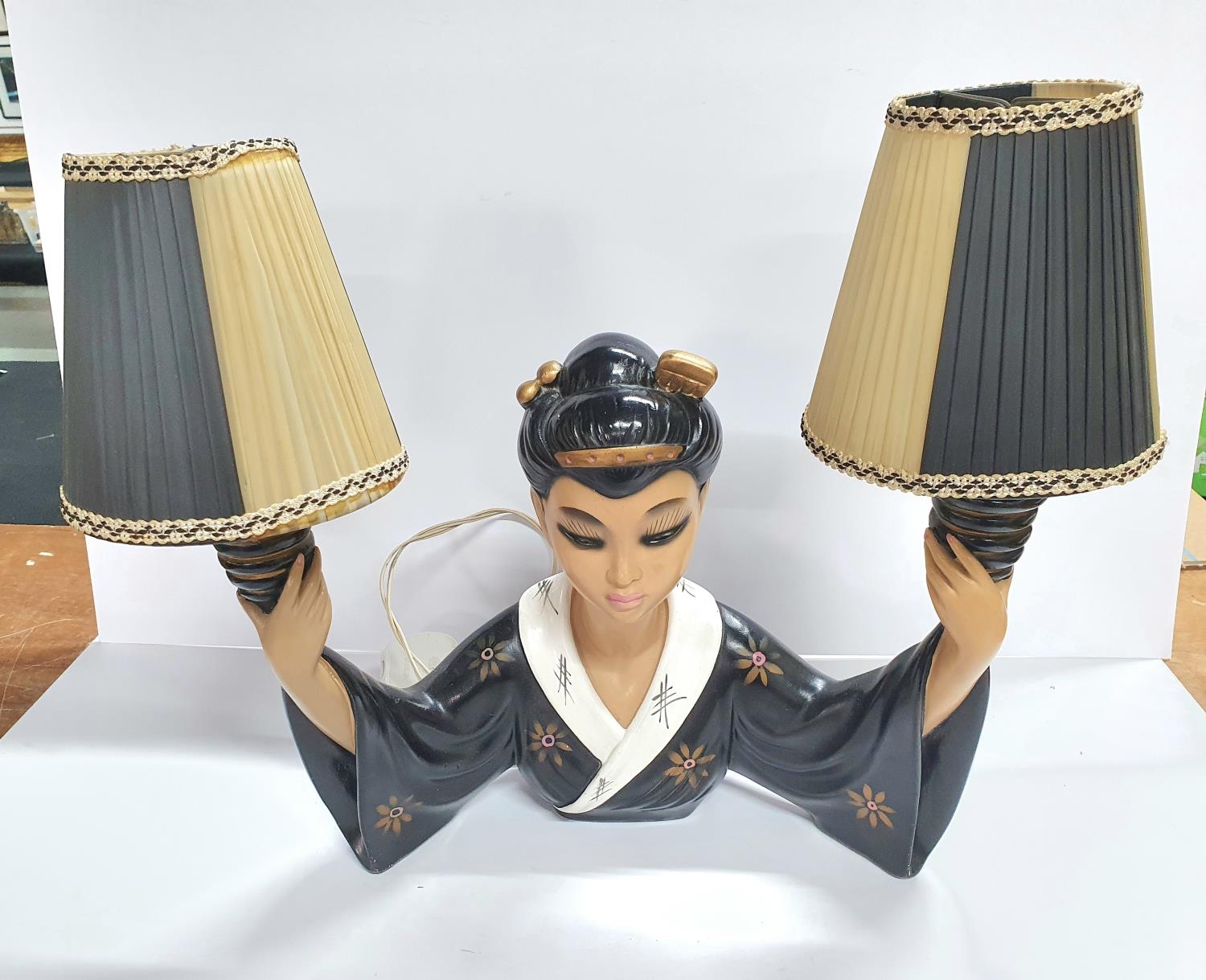A retro Duron Tretchikoff style chalk ware lamp depicting a 