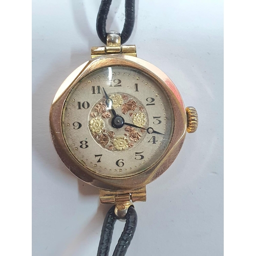 17 - Antique 9ct Rose gold cased ladies watch, unmarked with unusual 2 tone gold Rose petal centre and on... 