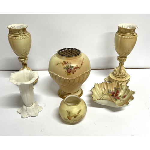 39 - Pair of antique Royal Worcester blush vases together with four other, mainly Royal Worcester hand-pa... 