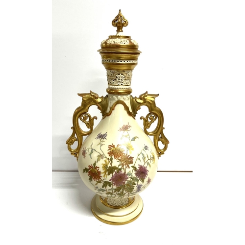 40 - large Royal Worcester antique, blush ivory lidded vase with 2 gilded handles in the form of Sea-hors... 