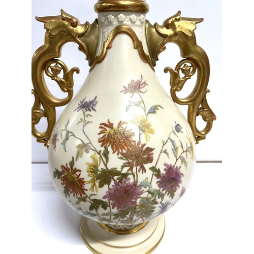 40 - large Royal Worcester antique, blush ivory lidded vase with 2 gilded handles in the form of Sea-hors... 