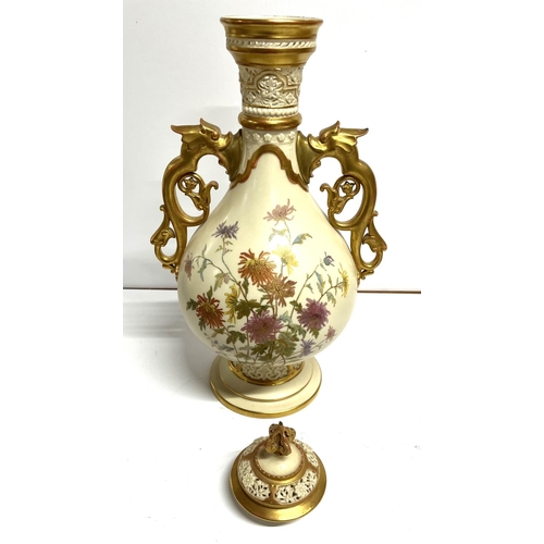 40 - large Royal Worcester antique, blush ivory lidded vase with 2 gilded handles in the form of Sea-hors... 