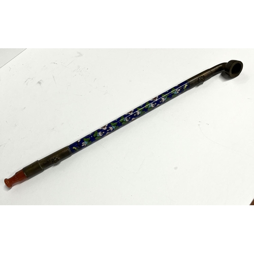 61 - Ornate Chinese ceramic Opium pipe with brass and Amber mouthpiece (a/f)