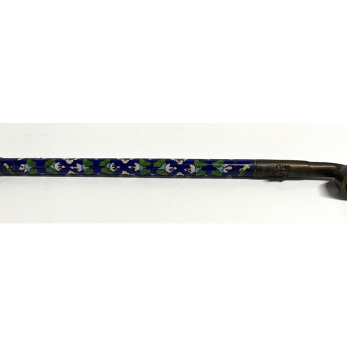 61 - Ornate Chinese ceramic Opium pipe with brass and Amber mouthpiece (a/f)