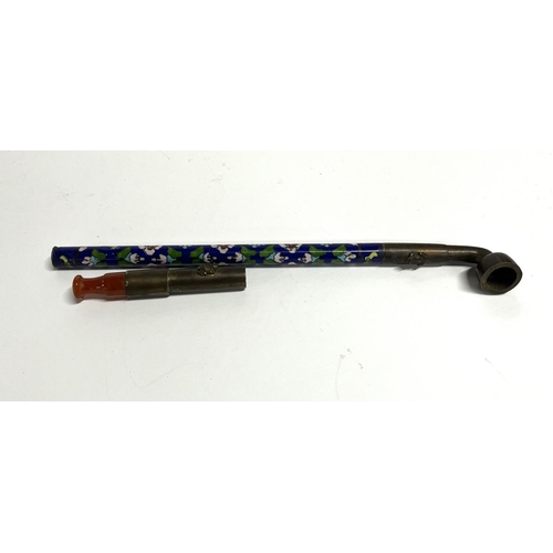 61 - Ornate Chinese ceramic Opium pipe with brass and Amber mouthpiece (a/f)