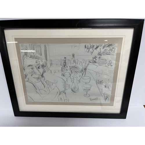 99 - Graphite sketch depicting a lady sat at a cafe table which bears the signature Bonnard in plain fram... 
