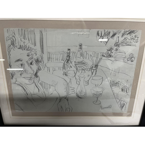 99 - Graphite sketch depicting a lady sat at a cafe table which bears the signature Bonnard in plain fram... 