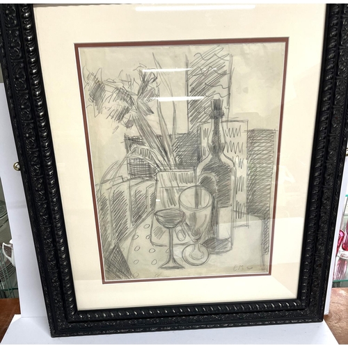 104 - Large graphite drawing, 'still life with a bottle', signed in initials C M and ascribed verso to Ced... 