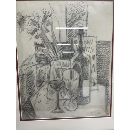 104 - Large graphite drawing, 'still life with a bottle', signed in initials C M and ascribed verso to Ced... 