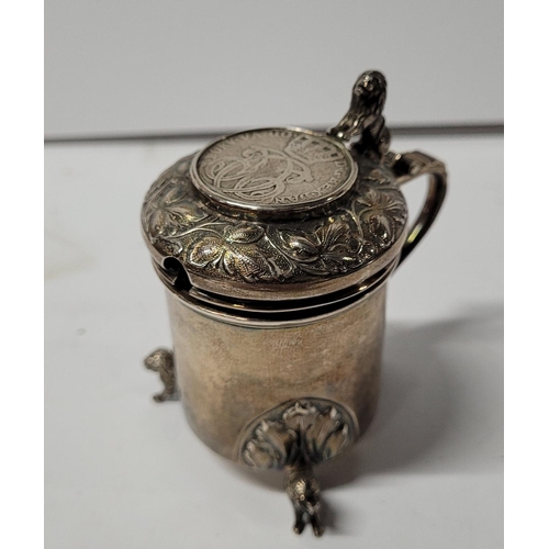 1A - Antique central European, ornately cast white metal mustard jar with original glass liner, stamped 8... 