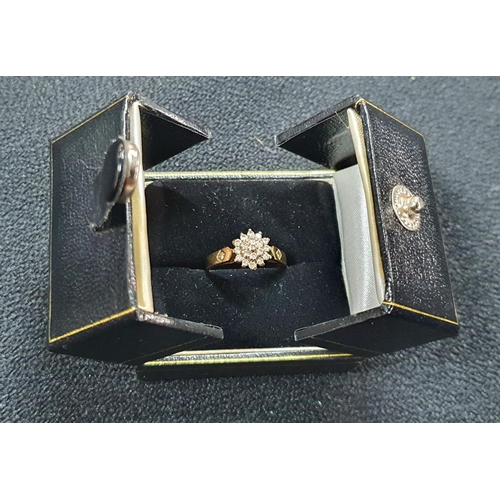 36 - 9ct yellow gold diamond cluster ring in presentation box,


2.1 grams gross         size K