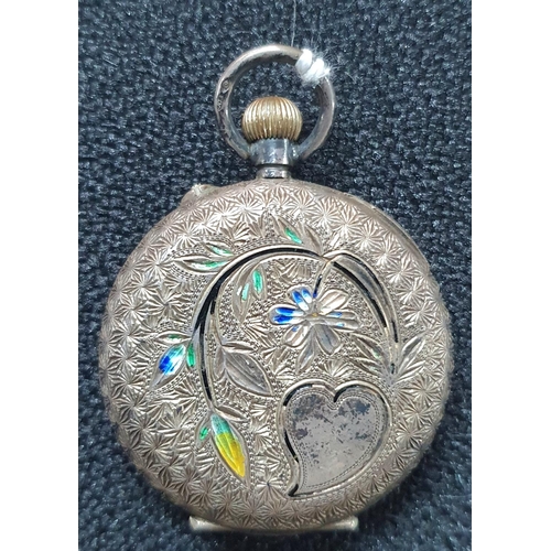 45 - Fine quality, European, glass faced silver hunter with enamal face and unusual enameling to back