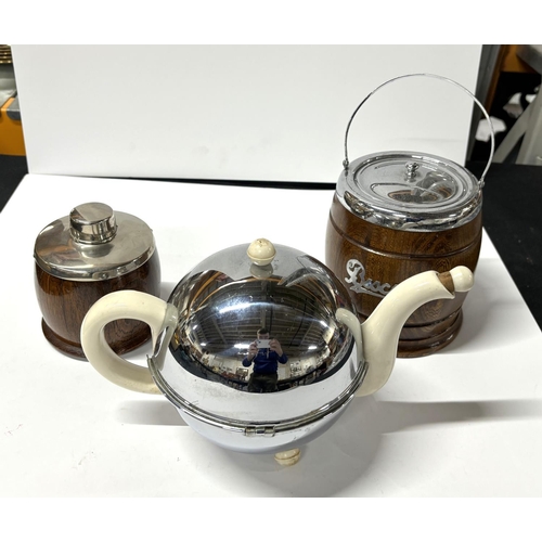 75 - Tea Caddy and Biscuit barrel with Chrome tea pot