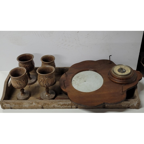 95 - 4 wooden goblets along with barometer & old wooden tray (3)