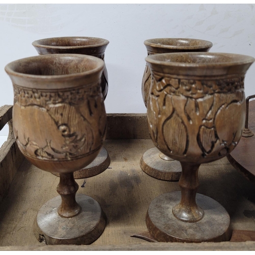 95 - 4 wooden goblets along with barometer & old wooden tray (3)