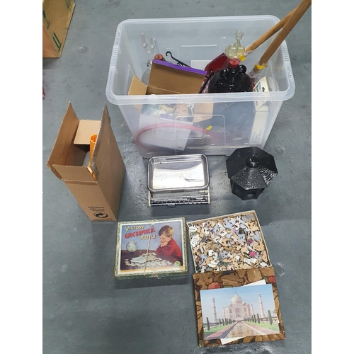 108 - Quantity of various collectables to include mid 20thC shop scales, 2 old jigsaw puzzles, 2 brewing d... 