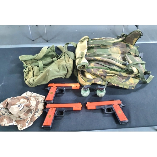 130 - P90 and MPSK BB guns with 2 matching grenades together with an army rucksack and bag together with a... 