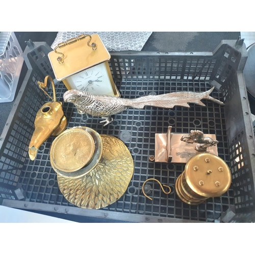 140 - Box of good quality, metalware collectables to include a miniature reproduction brass miners lamp, a... 