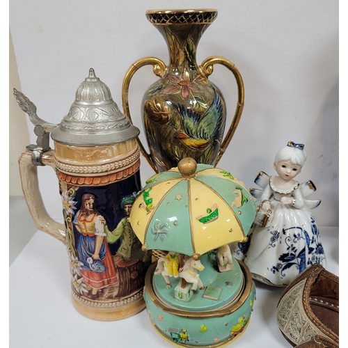 149 - Selection of various collectables including cased figures, vintage vase, stein and middle eastern sh... 