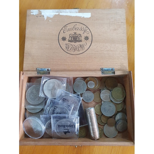 158 - Cigar box containing world coins and British 20thC commemorative coins (Qty)