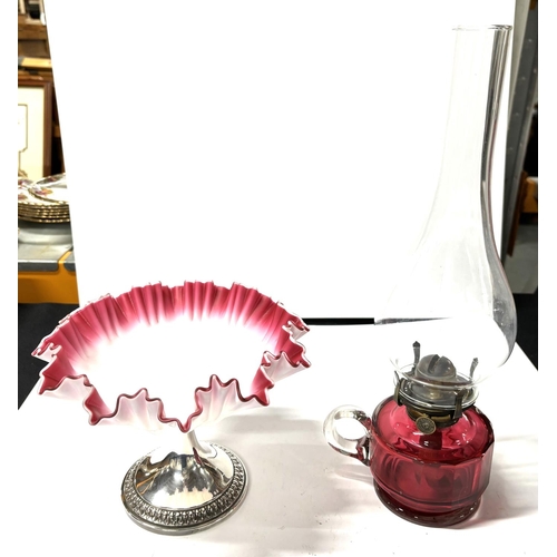 424 - Victorian Cranberry base oil lamp and Cranberry white centrepiece (2)