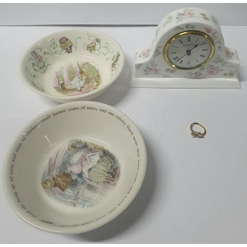 428 - Wedgewood mantle clock together with 2 Wedgewood beatrix Potter bowls (1 chipped) and a costume jewe... 