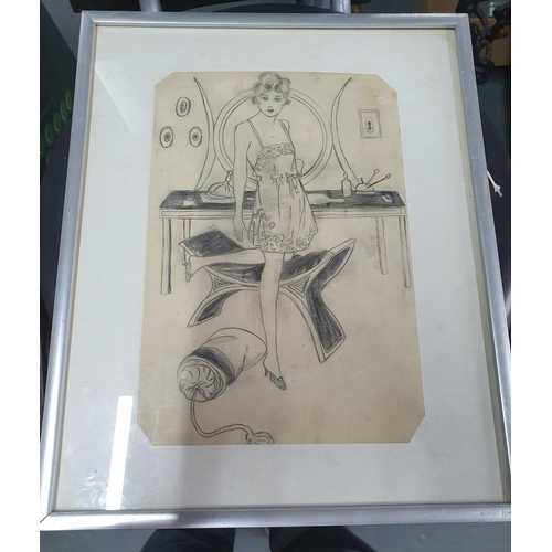 122 - Unsigned pencil drawing of a flapper at her dressing table, framed