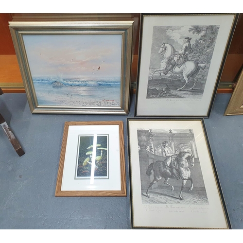 124 - Collection of items to include a pair of old engravings a seascape oil painting, an Oak Edwardian fi... 