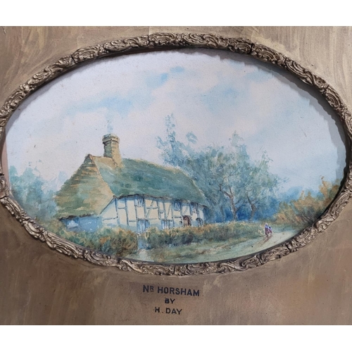 125 - Fine ornate framed scene depicting a cottage near Horsham together with an Edwardian mirror (2)