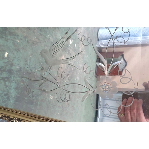 185 - Framed retro mirror with etched bird and foliage decoration