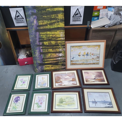 95 - Large quantity of various framed watercolours together with a large canvas picture of a bluebell woo... 