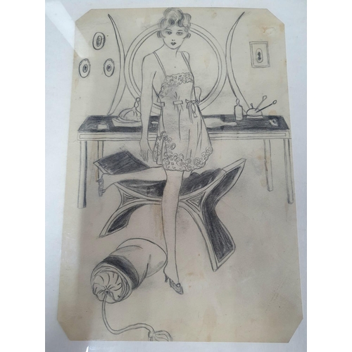 146 - Unsigned pencil drawing of a lady at her dressing table, framed and glazed