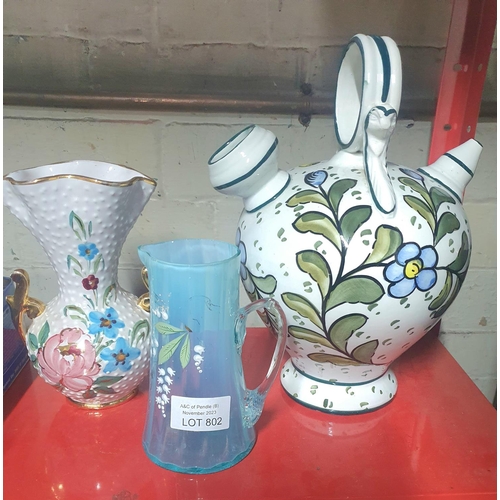 802 - Fine quality, hand-painted Victorian jug together with 2 modern hand-painted European vases (3)