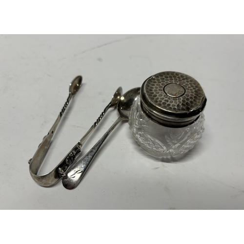 5 - Silver tongue, spoon and small glass jar with silver lid (3)