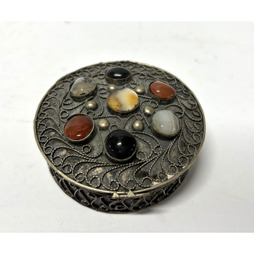 6 - White metal and hardstone fillagree pill box