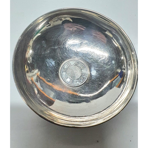 20 - Small silver lidded shall dish with Chinese coin to centre stamped 