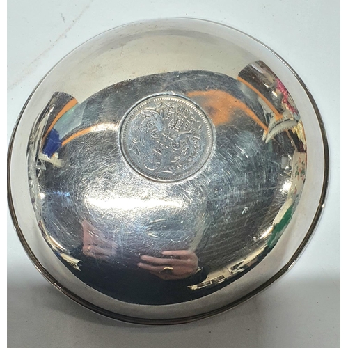 20 - Small silver lidded shall dish with Chinese coin to centre stamped 