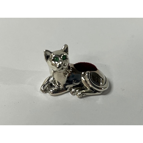 24 - Sterling silver Cat pin cushion with green eyes