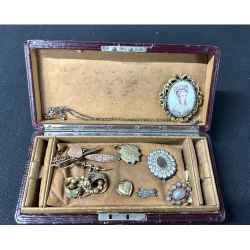 37 - Collection of antique and vintage jewellery in an early 20thC jewellery box