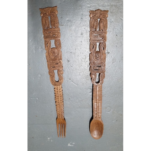 71 - Pair of over-sized, carved wooden loving spoons from Papua New Guinea 1980s