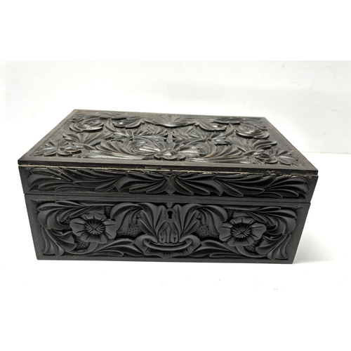 113 - Stunning carved antique Indian hardwood box with bone inlaid panel lids to the interior compartments