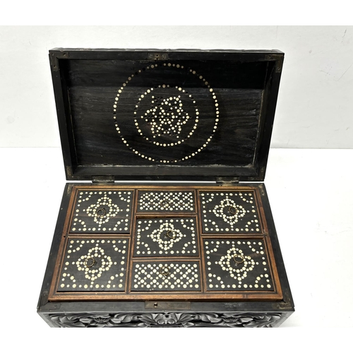 113 - Stunning carved antique Indian hardwood box with bone inlaid panel lids to the interior compartments