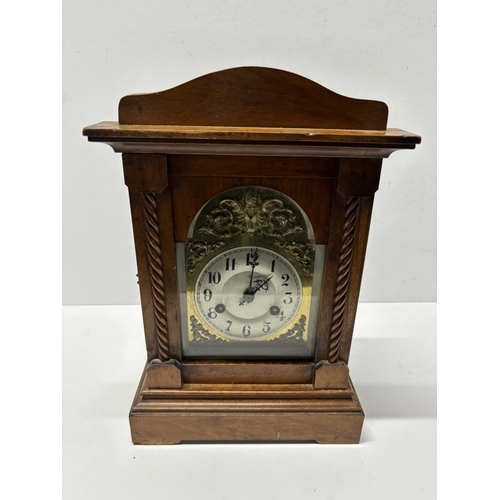 115 - Brass faced wooden mantle clock