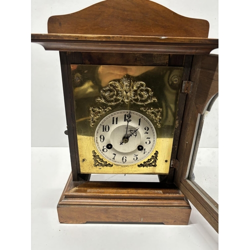 115 - Brass faced wooden mantle clock