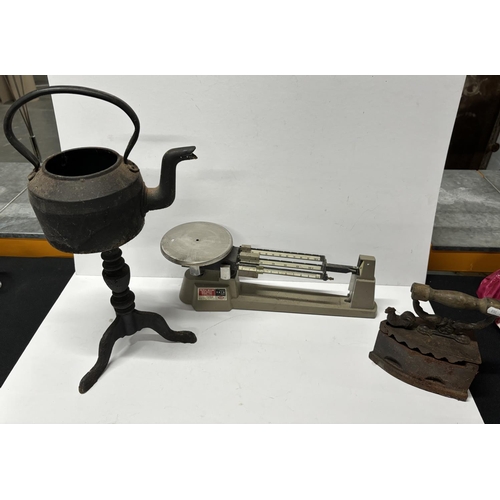 119 - Weighing scales and kettle with others