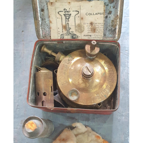 208 - Old brass camping stove together with another in its original carry tin (2)