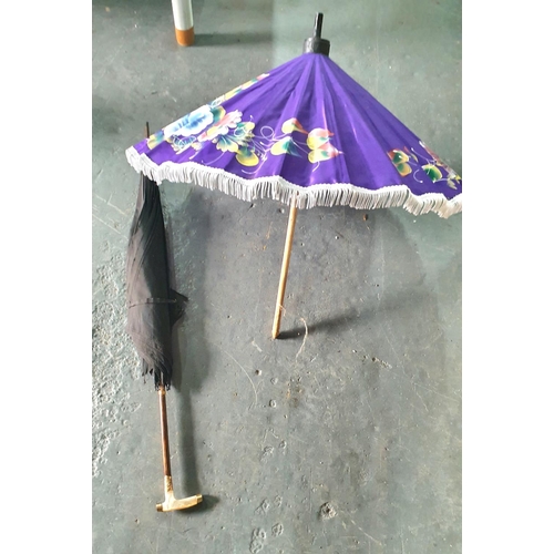 211 - Fine quality, old ladies parasol with mother of pearl handle together with a hand-painted Japanese p... 