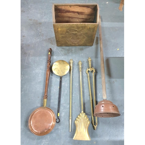 212 - Collection of old and antique metal-ware to include a good quality Poker set and a chesnut pan etc (... 